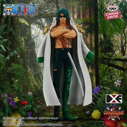 Action figure of a character from 'One Piece' in a forest setting with branding visible