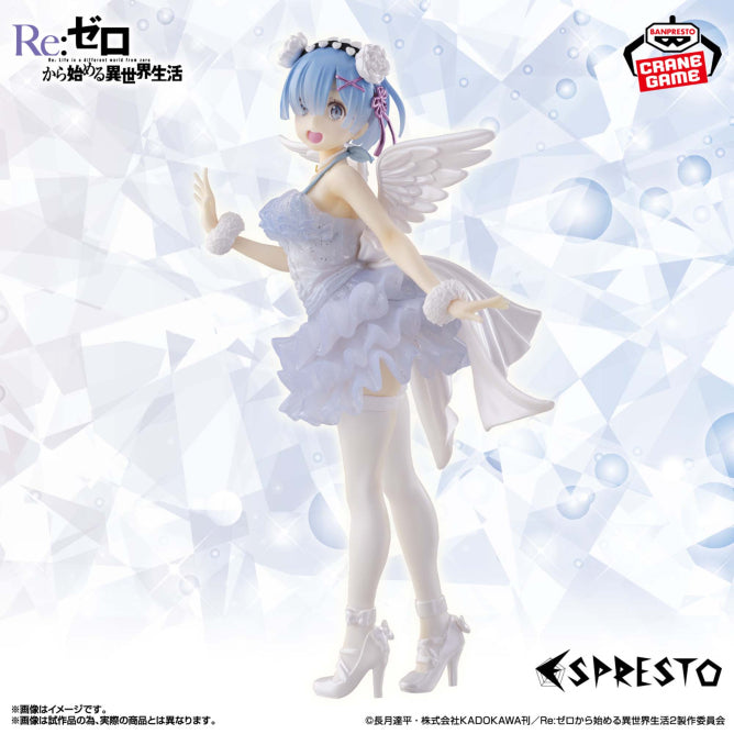 Anime figurine of Rem from Re:Zero in a white angel dress with wings, posed against a light icy background with bubbles. Visible logos include Re:Zero, Crane Game, and Espresto.