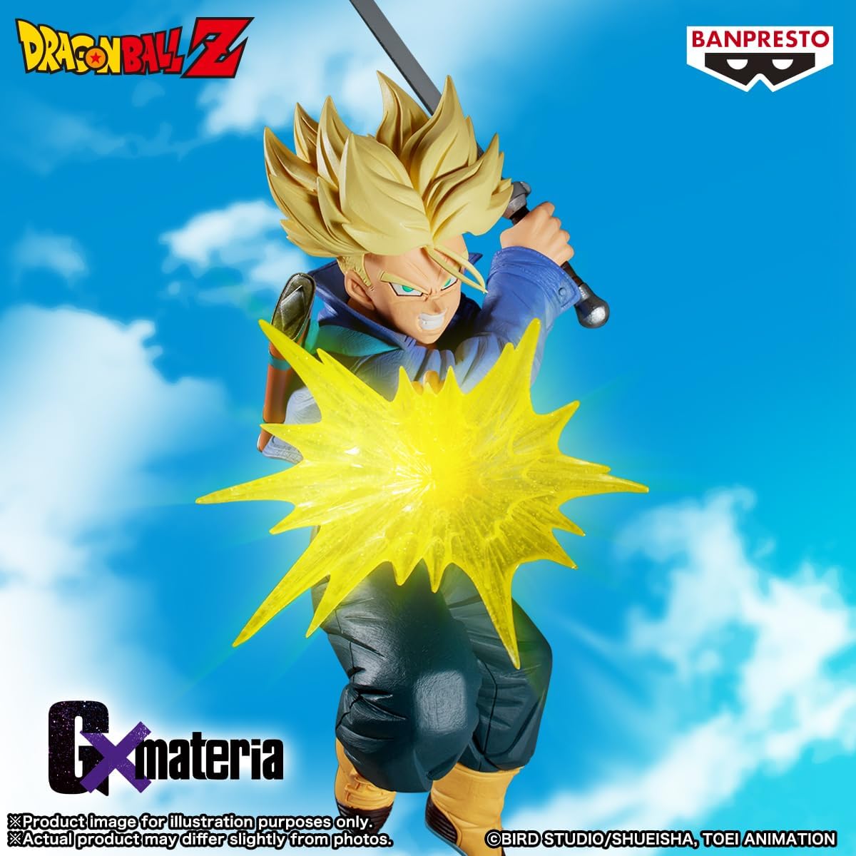 Action figure with a bright yellow energy blast against a blue sky background, featuring Dragon Ball Z branding.
