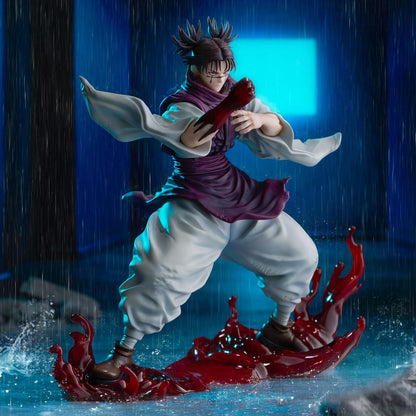Action figure in dynamic pose with red energy effects on a dark background