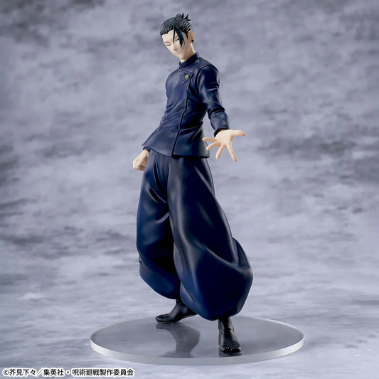 Figure of a character in a dark outfit on a gray background
