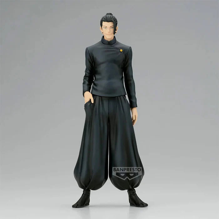 Action figure in black outfit with 'Banpresto' branding on a gray background