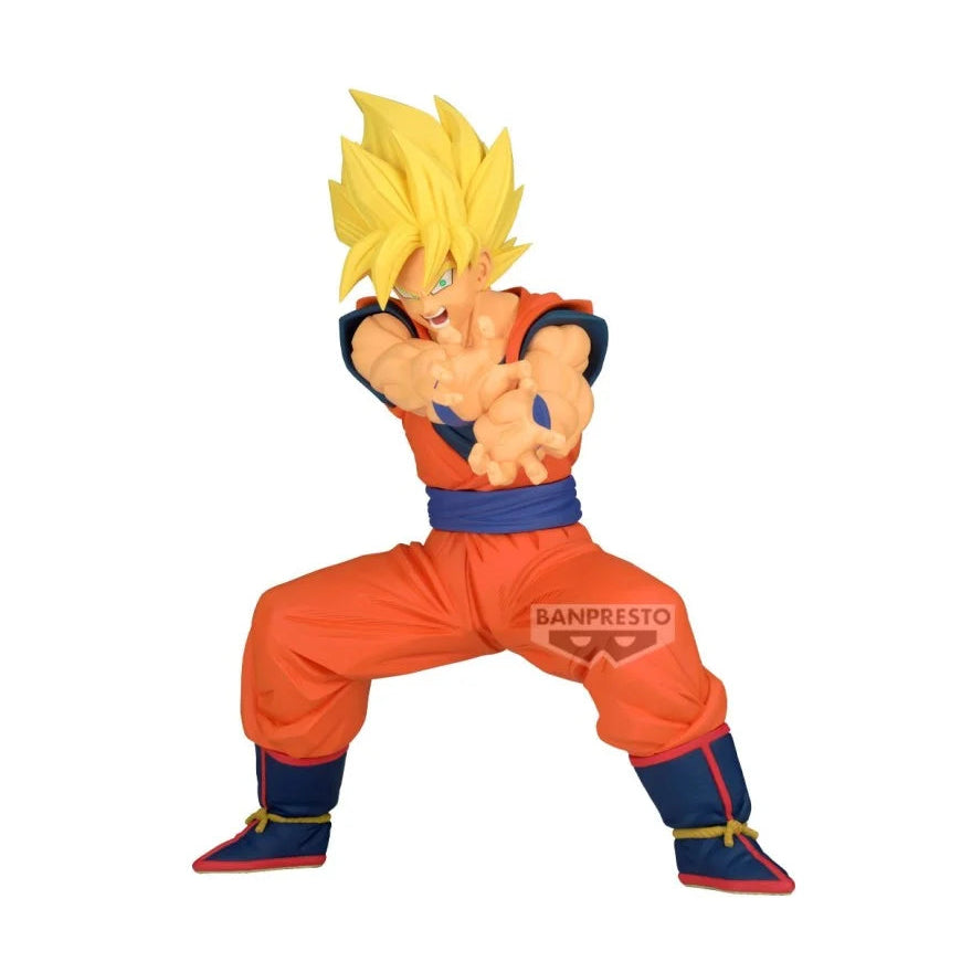 Action figure in orange and blue outfit with 'Sanpresto' branding on a white background