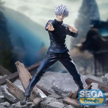 Action figure of a character from 'Jujutsu Kaisen' standing on a rocky landscape with 'Sega Goods' branding.