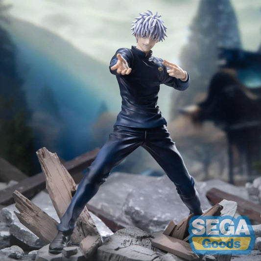 Action figure of a character from 'Jujutsu Kaisen' standing on a rocky landscape with 'Sega Goods' branding.