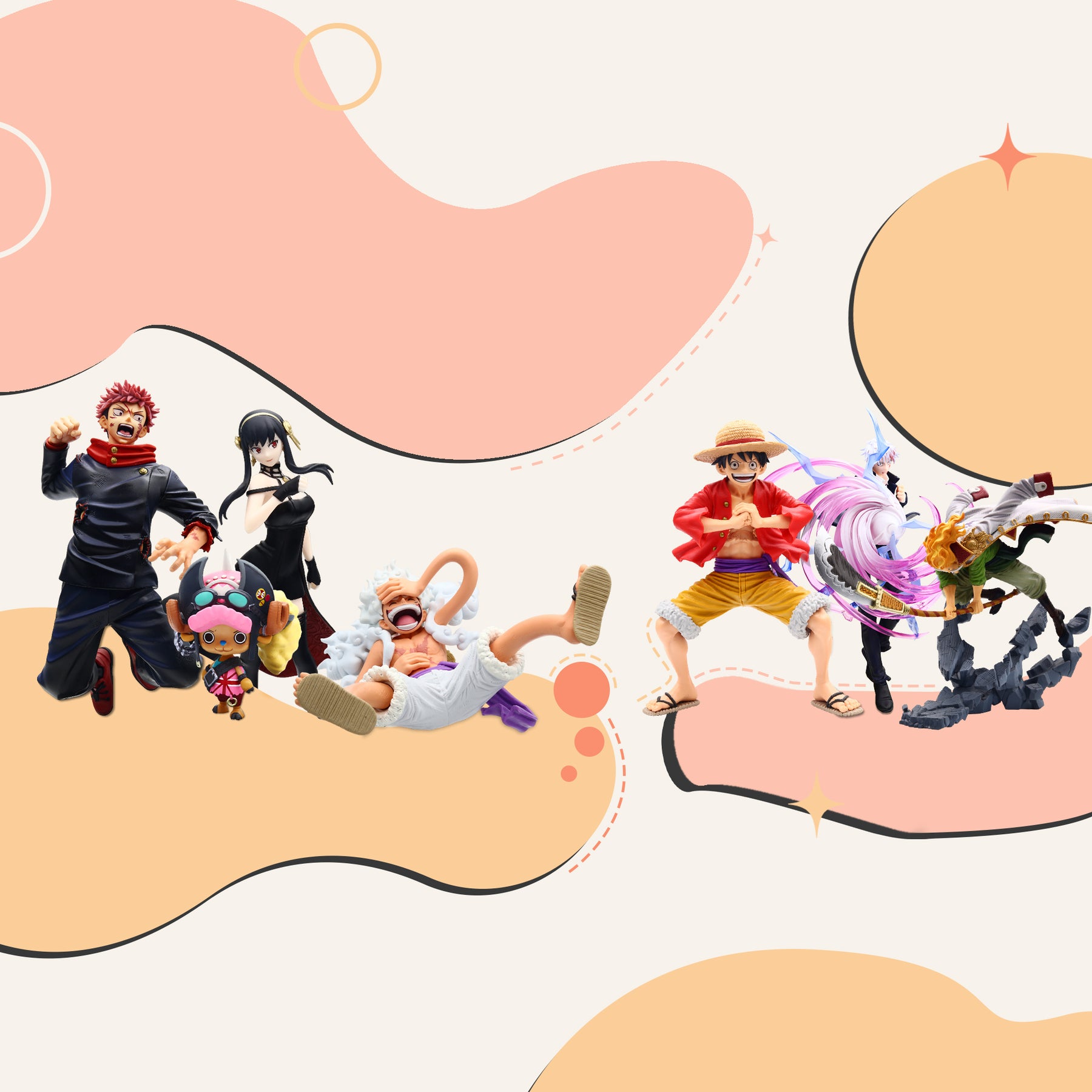 Illustrations of various animated characters on a colorful abstract background