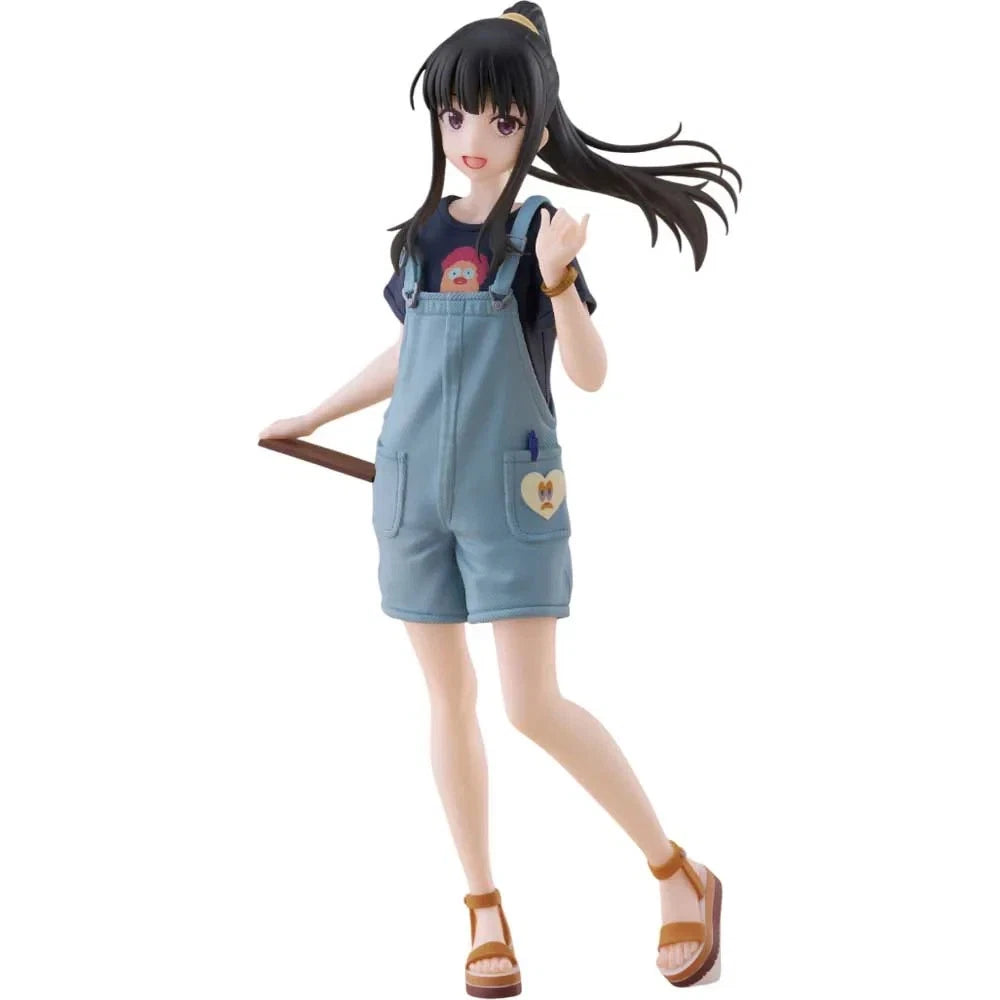 An anime figurine of a girl with long black hair in a ponytail, wearing light blue denim-style overalls over a dark blue t-shirt and brown sandals, holding a brown tool against a plain white background.