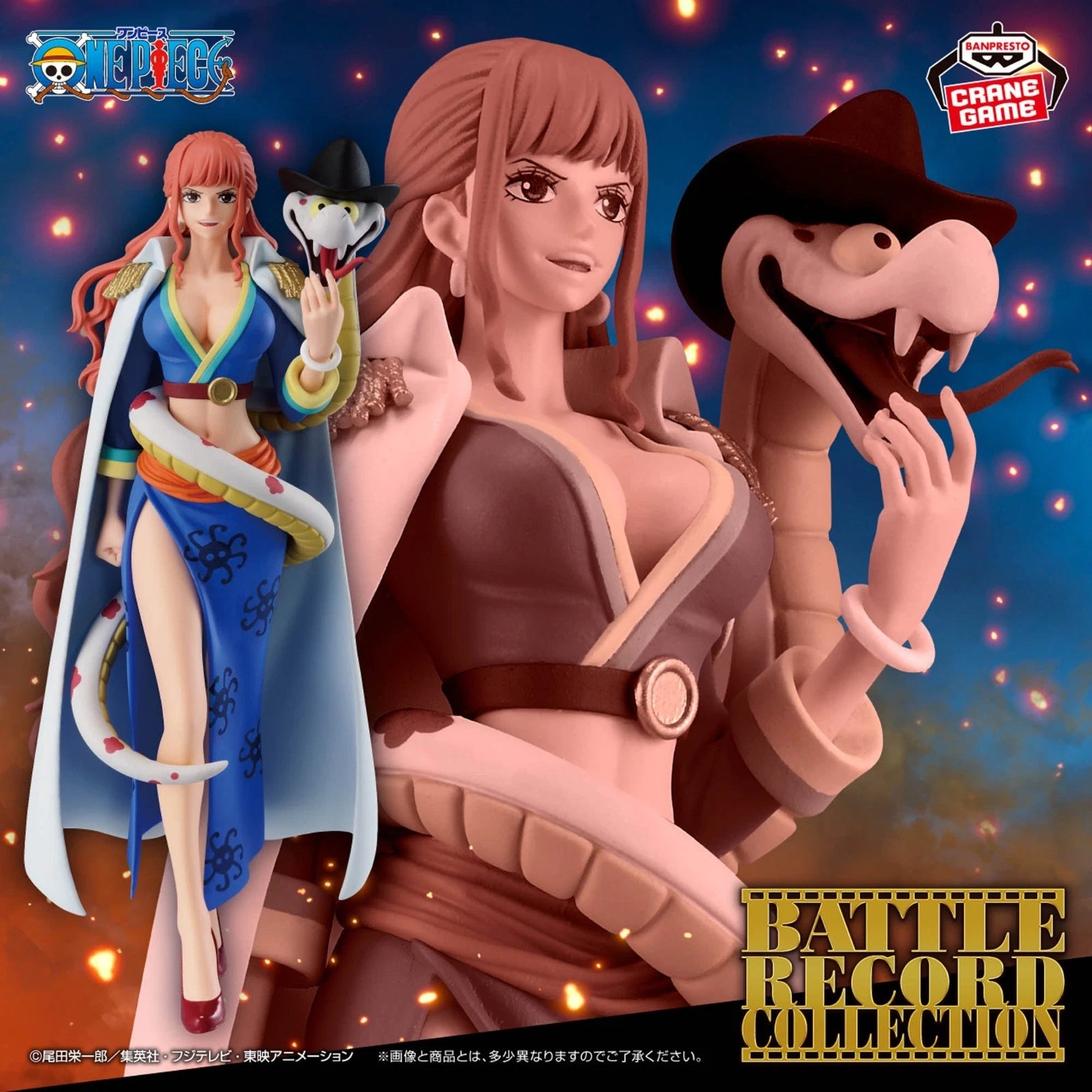 Two animated characters with a snake-like creature on a starry background, featuring the One Piece logo.