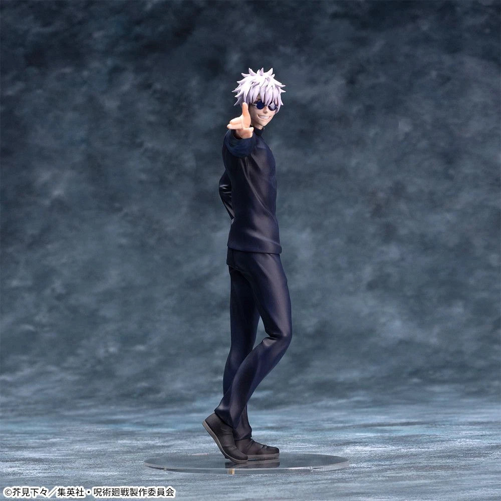 Anime character figurine with white hair and dark clothing against a gray background