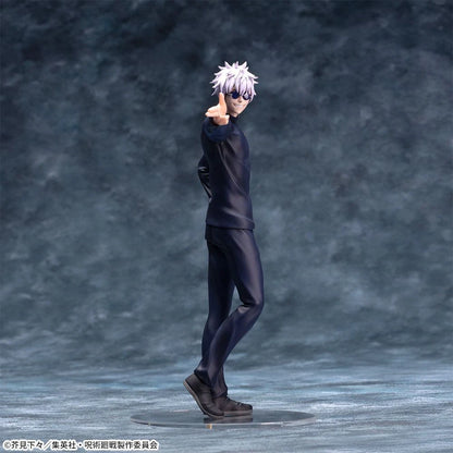 Anime character figurine with white hair and dark clothing against a gray background