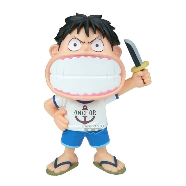 Toy figure of a character with an enlarged mouth holding a sword, wearing an 'Anchor' t-shirt.