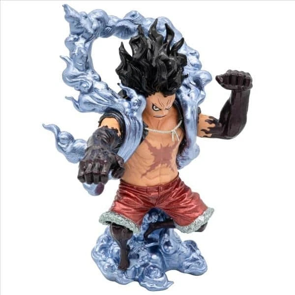 A collectible anime figurine of Luffy from One Piece in a dynamic pose with his arms raised, surrounded by blue energy effects, on a plain white background.