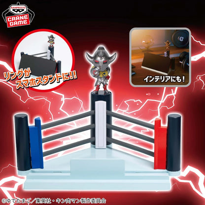 A crane-themed wrestling ring display figure with a small crane character standing on the center post, shown against a red lightning background with Japanese promotional text and inset feature callouts.
