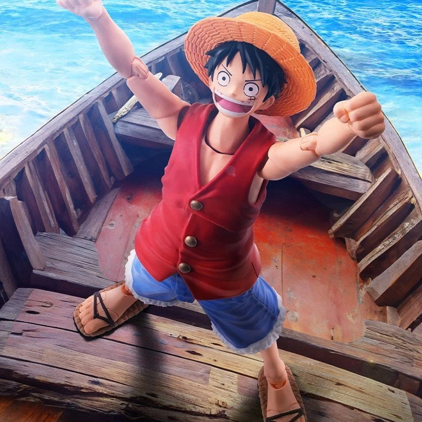 Animated character in a red vest and straw hat on a wooden boat with blue water in the background