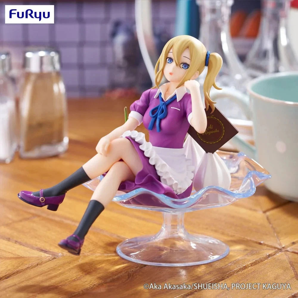 Figurine of a character from 'Project Kaguya' sitting on a stool with a cup in the background, branded with Furyu.