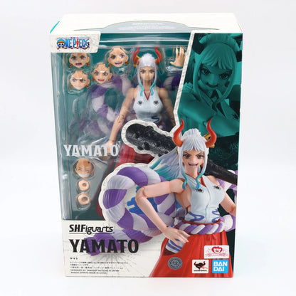 SH Figuarts Yamato action figure in its original packaging, featuring multiple interchangeable heads, a large black staff, and accessories, with anime artwork on the box.