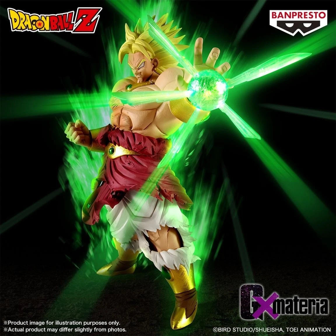Action figure of a character from Dragon Ball Z with green energy effect, featuring Banpresto logo.