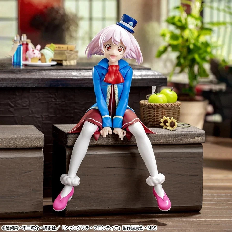 A detailed anime figurine of a girl with pink hair sitting on a wooden chest in a room setting, wearing a blue and red outfit with white stockings and pink shoes.