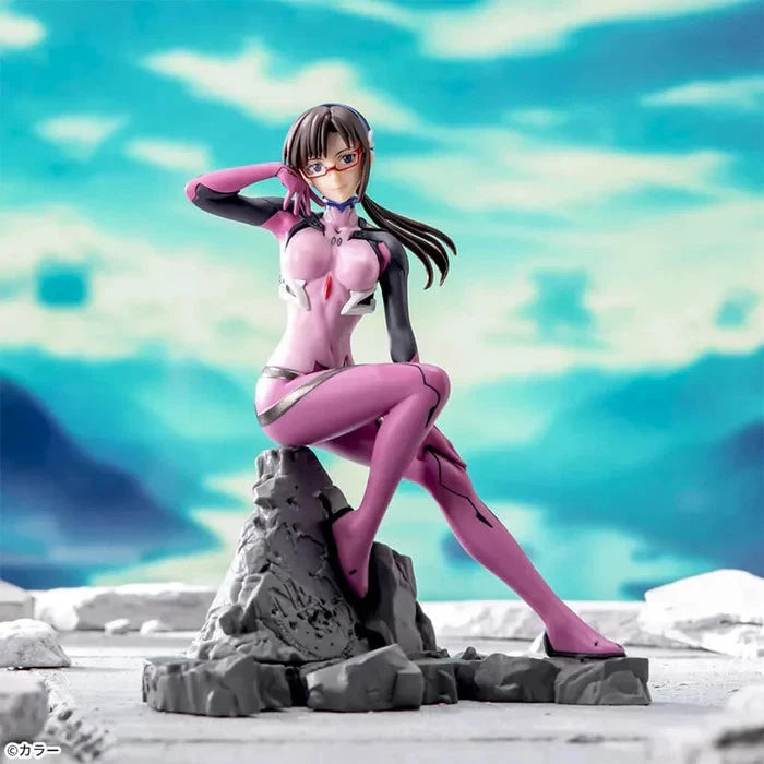 Anime character figurine in a pink and black outfit on a rocky outcrop with a blue sky background