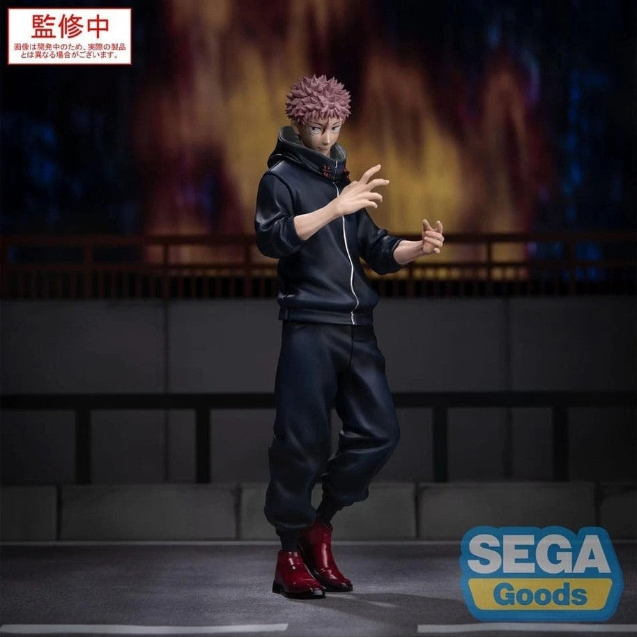 Action figure of a character from 'Jujutsu Kaisen' with a dark background and Sega Goods logo.