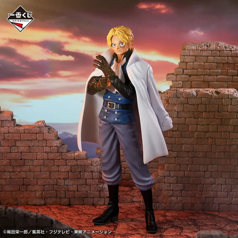 Figure of a character in a white coat and blue pants standing in front of a sunset sky.