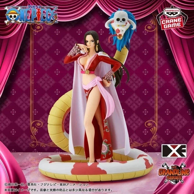 Figurine of a character from 'One Piece' with a decorative background featuring pink curtains and anime-style text.