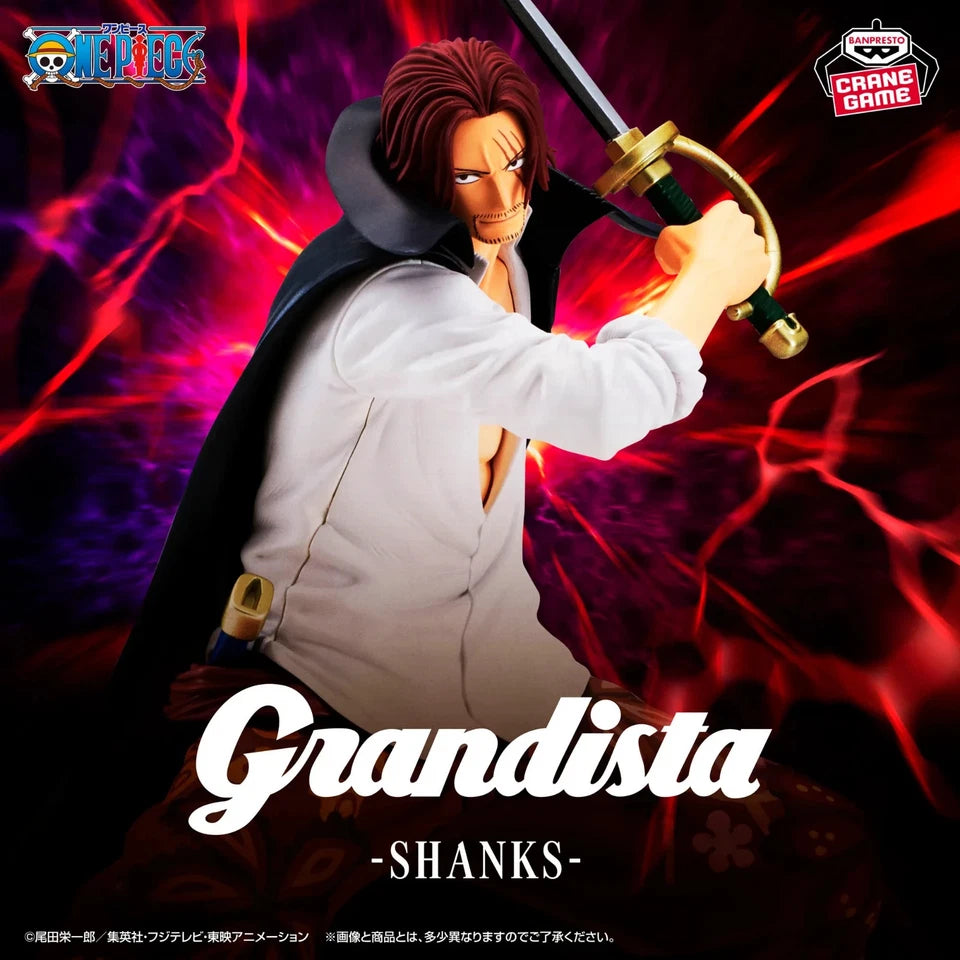 Action figure of a character from 'One Piece' with a sword, set against a vibrant background with 'Grandista' branding.