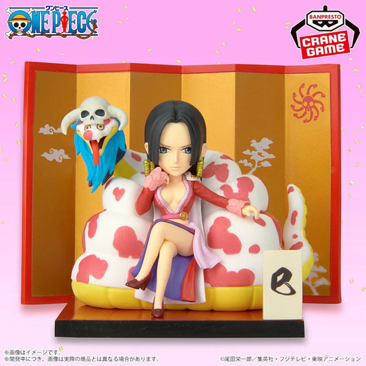 Figurine of a character from 'One Piece' on a decorative chair with a pink background
