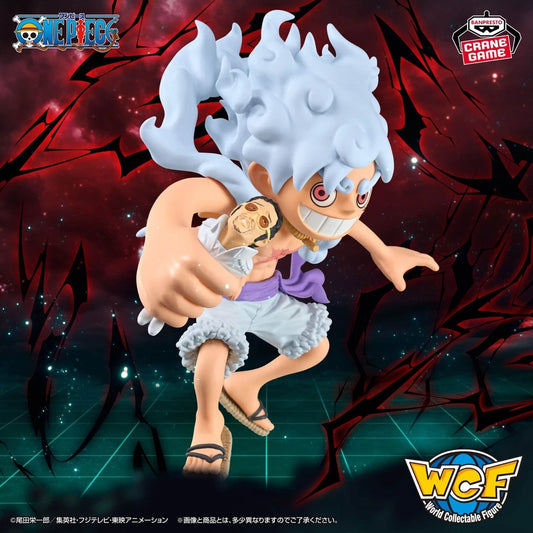 Action figure of a character with white hair and red eyes against a dark, cracked background with logos.